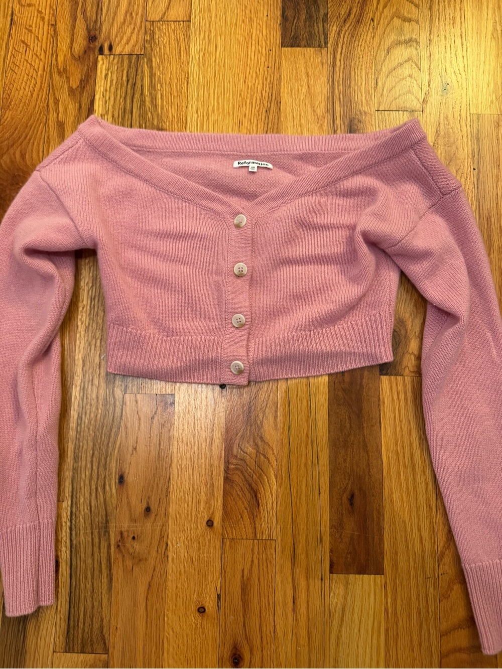 Reformation Dusty Pink Off-the-Shoulder Cropped Button Cardigan cashmere